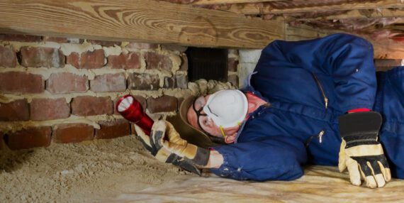 A home inspector in the crawlspace of a home to illustrate how long does a home inspection take