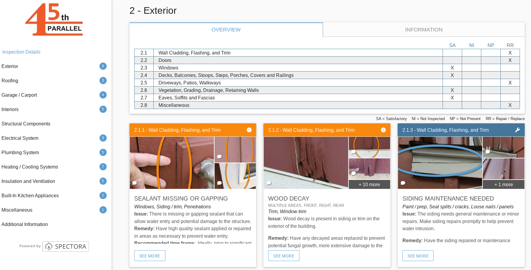 Screenshot of an online residential home inspection report from 45th Parallel.