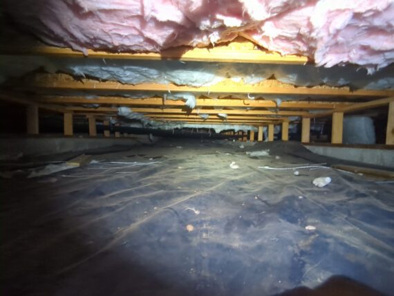 Typical crawlspace with black barrier on the ground and floor joists above with insulation.