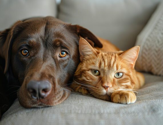 A chocolate Labrador Retriever and an orange tabby cat rest side by side on a grey couch to help illustrate Can I Leave My Pets In The Home During An Inspection?