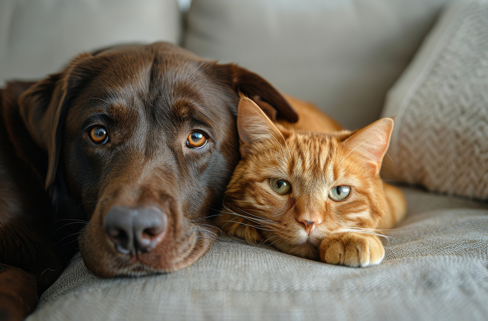 A chocolate Labrador Retriever and an orange tabby cat rest side by side on a grey couch to help illustrate Can I Leave My Pets In The Home During An Inspection?