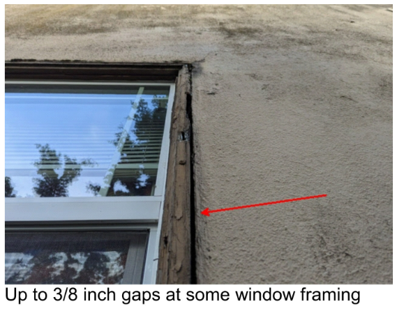 An image showing the gap between a window and stucco siding to illustrate a visual stucco inspection.