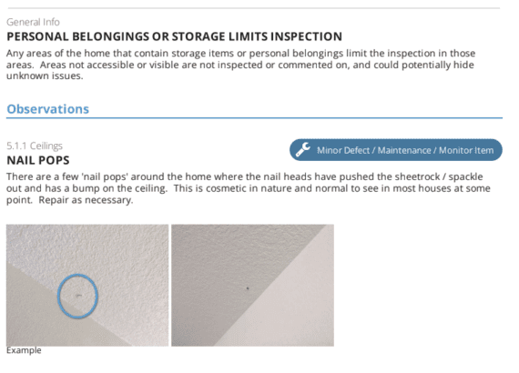 A screenshot of a sample report pointing out a nail pop, where a drywall nail is seen popping out of a ceiling.