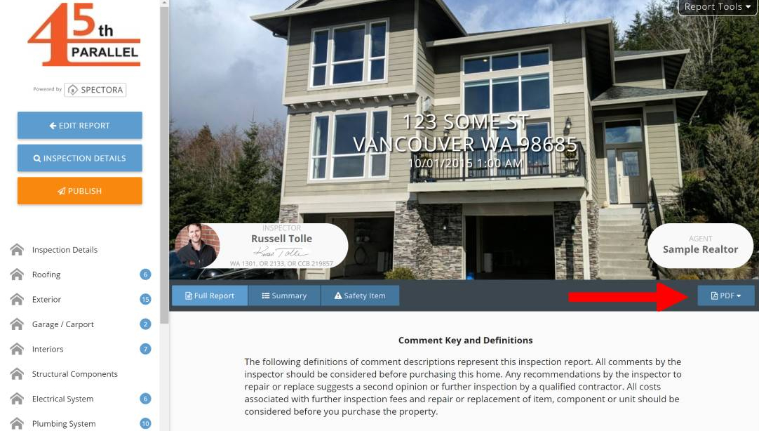 A screenshot of an online home inspection report from 45th Parallel Home Inspection to help illustrate What's Included in a Detailed Home Inspection.